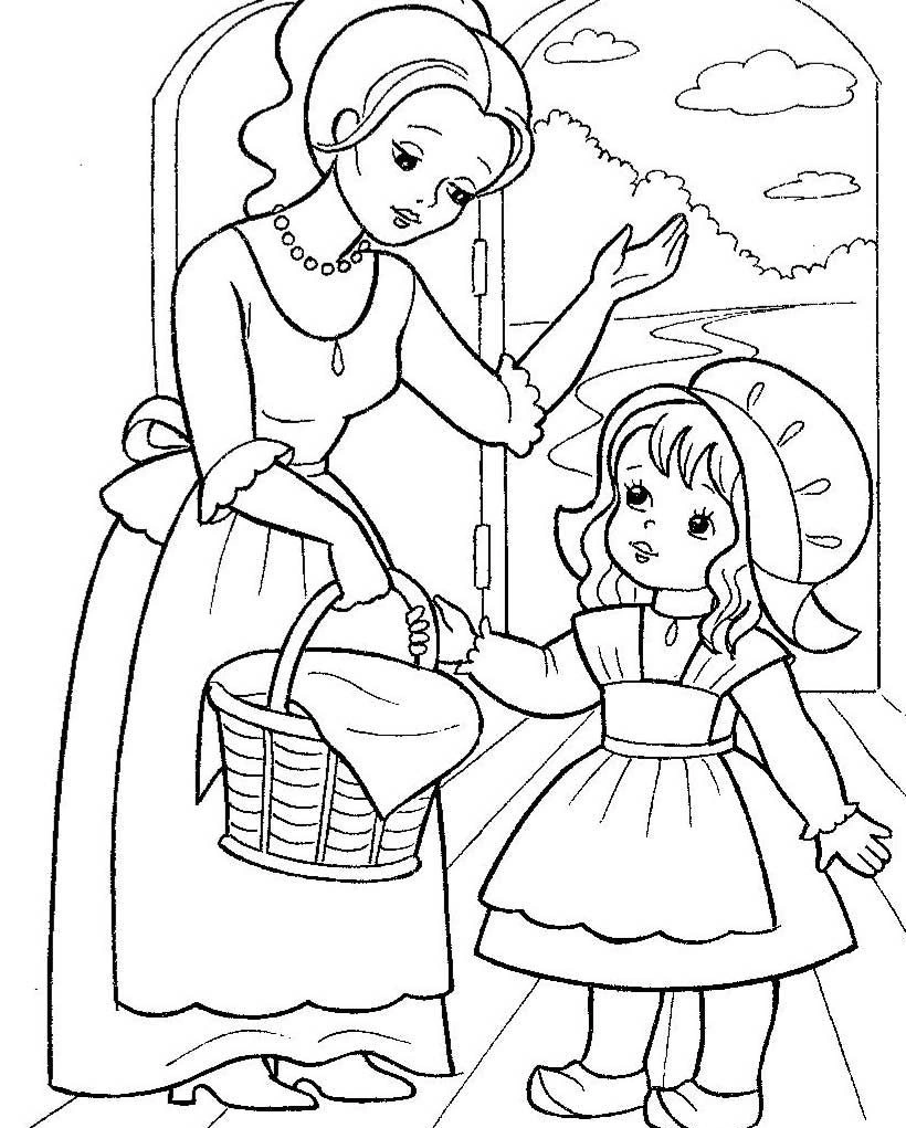 Coloring page mom gives the basket to her daughter Little Red Riding Hood